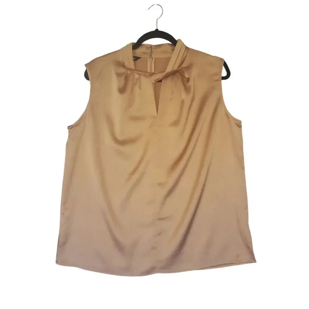 Misook Satin Pleated Twist Neck Blouse Sleeveless Gold Size Medium - Picture 2 of 10
